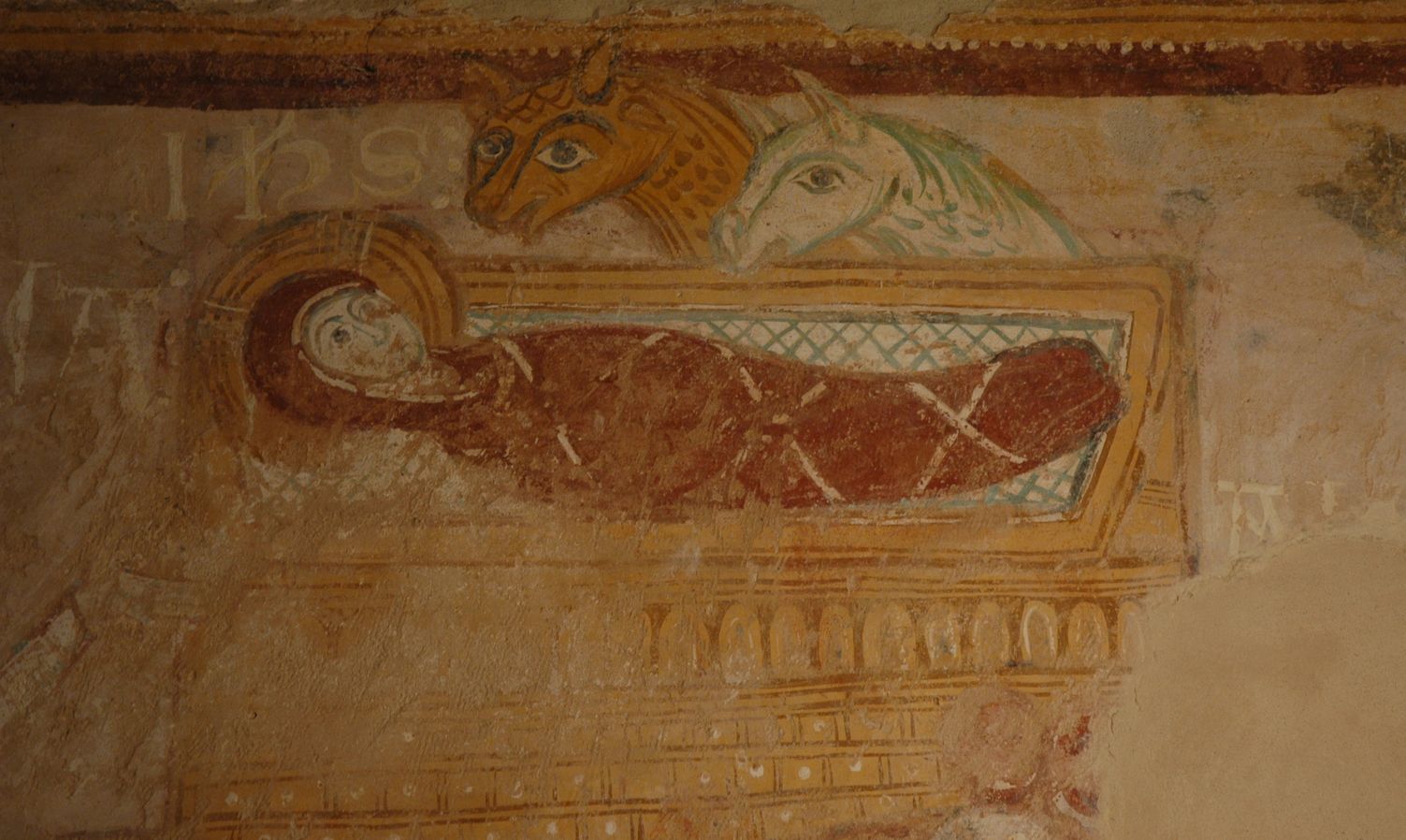 Enfant Jésus emmailloté dans la mangeoire, fresque de la chapelle de Lugaut