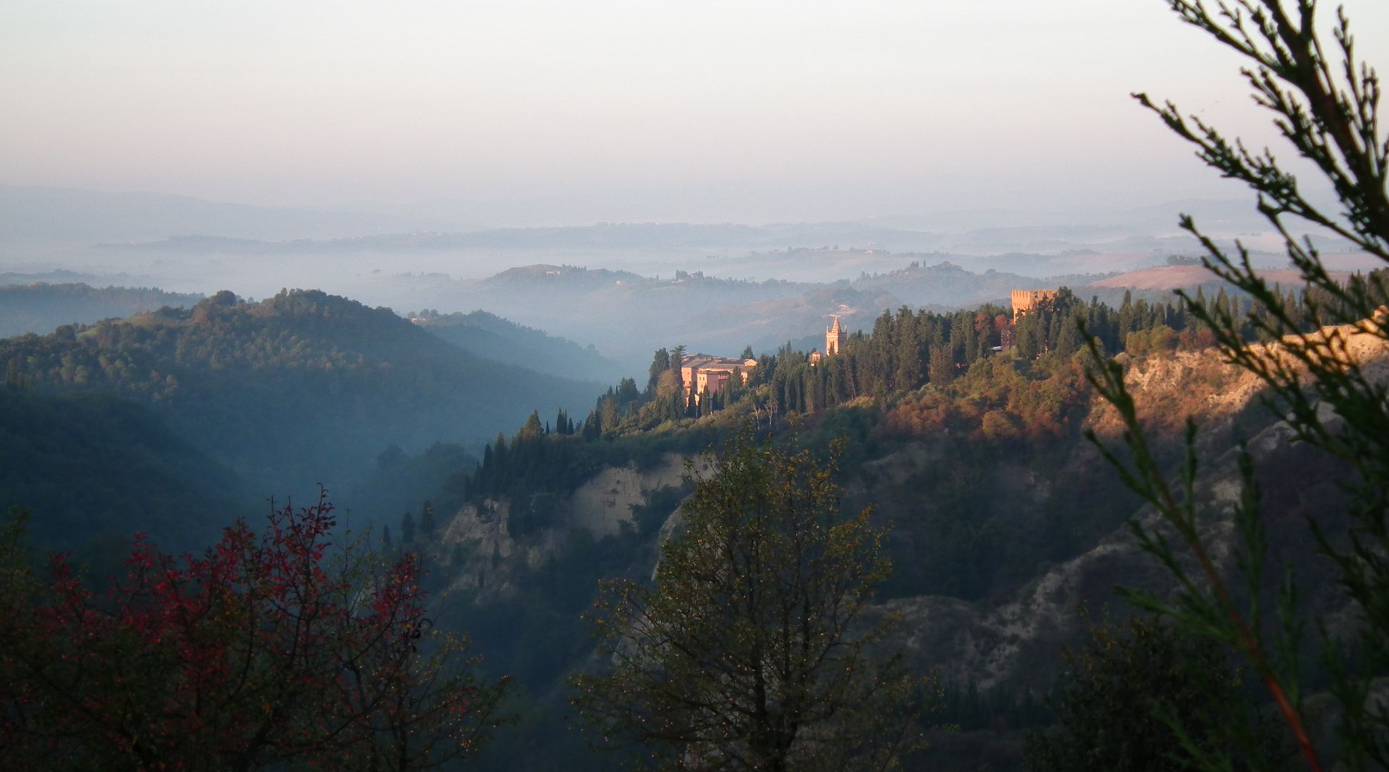 Vue de l'Abbaye de Monte Oliveto, en Toscane, Italie. Dans un paysage toscan baigné de brume, l'archiabbaye surgit des cyprès.
