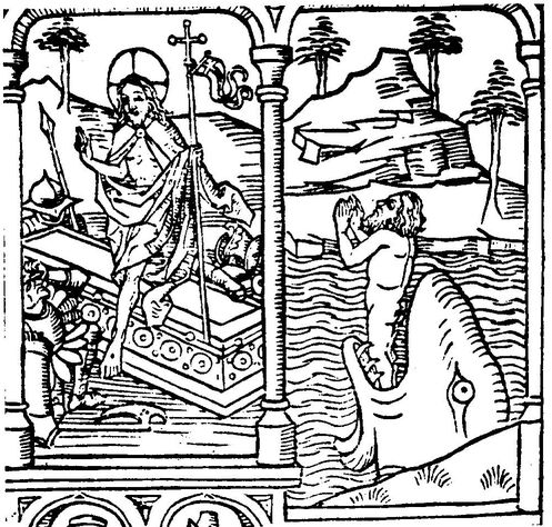 Gravure du XVe siècle, Jonas sotant du monstre marin et Jésus sortant du tombeau