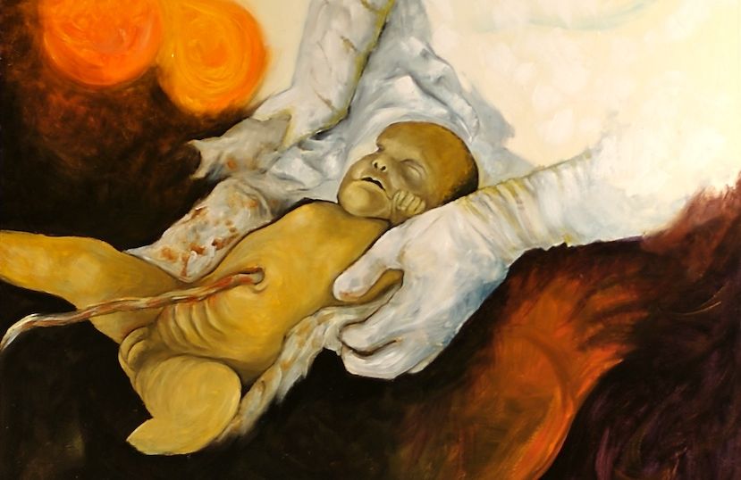 accouchement, un bébé sort des ténèbres pour naitre à la lumière, tableau du père Vincent