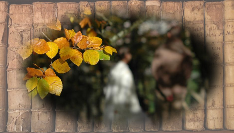 feuilles d'automne avec en arrière-plan un peu fou un ange visitant Joseph