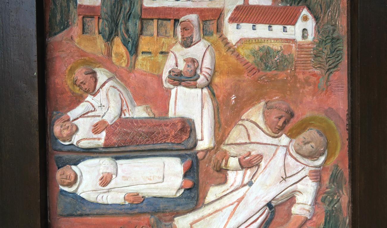 mort de Saint Bernard Tolomei, bas-relief en terre cuite